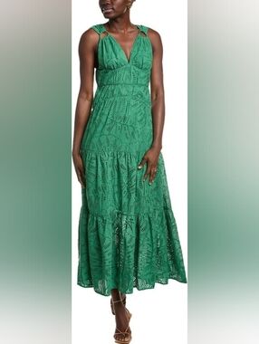 Farm rio Sleeveless Emerald Eyelet Maxi Dress with V-Neck XL